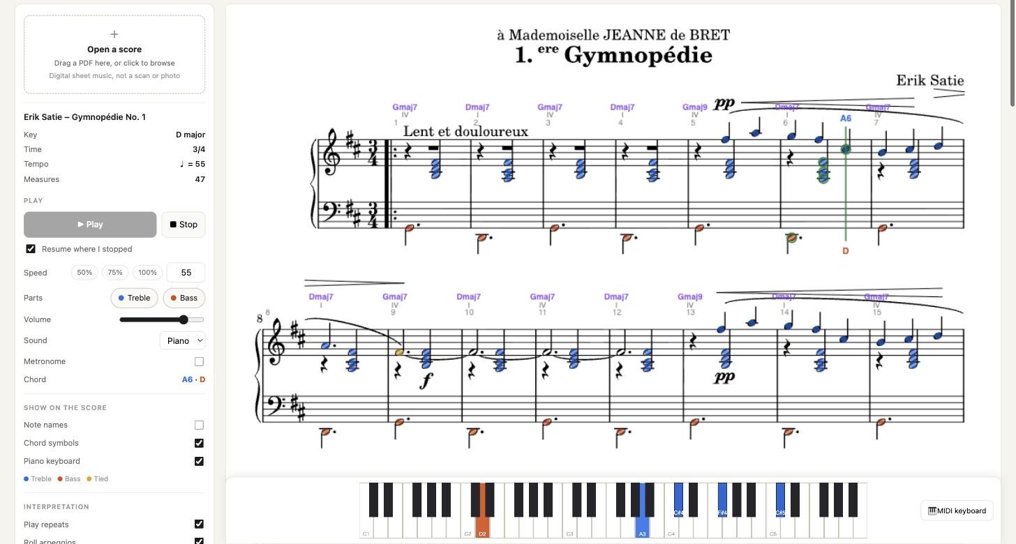 ScorePractice with a score open: the cursor follows the music, chords are named above the staff, the keyboard strip shows the keys to play